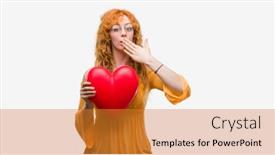  Presentation with secret love - Theme having young redhead woman in love holding red heart cover mouth with hand shocked with shame for mistake expression of fear scared in silence secret concept background and a gold colored foreground
