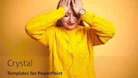  Presentation with yellow music - Cool new presentation design with young redhead woman listening to music using headphones over yellow isolated background suffering from headache desperate and stressed because pain and migraine hands on head backdrop and a gold colored foreground