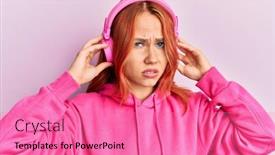  Presentation with person listening - Amazing PPT theme having young-redhead-woman-listening backdrop and a coral colored foreground