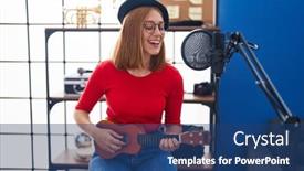  Presentation with ukulele - Presentation theme consisting of young-redhead-woman-musician-singing background and a ocean colored foreground