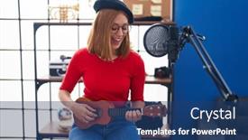  Presentation with ukulele - Slides having young-redhead-woman-musician-singing background and a ocean colored foreground
