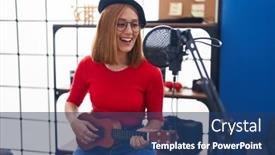  Presentation with ukulele - Presentation theme having young-redhead-woman-musician-singing background and a ocean colored foreground