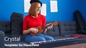  Presentation with ukulele - Slide deck enhanced with young-redhead-woman-musician-smiling background and a ocean colored foreground