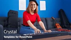  Presentation with piano - Theme featuring young-redhead-woman-musician-smiling background and a ocean colored foreground