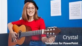  Presentation with classical music - PPT theme featuring young-redhead-woman-musician-smiling background and a ocean colored foreground
