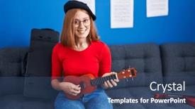  Presentation with ukulele - Presentation theme featuring young-redhead-woman-musician-smiling background and a ocean colored foreground