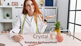  Presentation with hand palm - Slides having young-redhead-woman-nutritionist-doctor background and a lemonade colored foreground