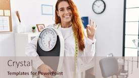  Presentation with friendly - PPT theme consisting of young-redhead-woman-nutritionist-doctor background and a  colored foreground