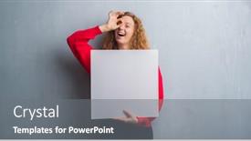  Presentation with advertising - Colorful theme enhanced with young redhead woman over grey grunge wall holding advertising banner with happy face smiling doing ok sign with hand on eye looking through fingers backdrop and a gray colored foreground