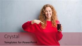  Presentation with soda - Slides with young redhead woman over grey grunge wall drinking soda refreshment with surprise face pointing finger to himself background and a crimson colored foreground