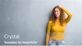  Presentation with grey - Slide set featuring young redhead woman over grey grunge wall confuse and wonder about question uncertain with doubt thinking with hand on head pensive concept background and a gray colored foreground
