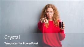  Presentation with soda - Slide deck having young redhead woman over grey grunge wall drinking soda refreshment pointing with finger to the camera and to you hand sign positive and confident gesture from the front background and a gray colored foreground