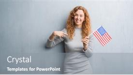  Presentation with united states flag - Slides enhanced with young redhead woman over grey grunge wall holding flag of united states of america with surprise face pointing finger to himself background and a gray colored foreground