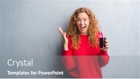 Presentation with soda - Slide deck consisting of young redhead woman over grey grunge wall drinking soda refreshment very happy and excited winner expression celebrating victory screaming with big smile and raised hands background and a gray colored foreground