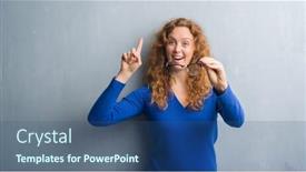  Presentation with optical - Slide deck with young redhead woman over grey grunge wall holding optical glasses surprised with an idea or question pointing finger with happy face number one background and a ocean colored foreground