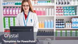  Presentation with pharmacy - PPT theme enhanced with young-redhead-woman-pharmacist-smiling background and a dark gray colored foreground