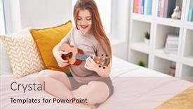  Presentation with ukulele - Presentation theme with young-redhead-woman-playing-ukulele background and a lemonade colored foreground