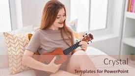  Presentation with ukulele - Theme with young-redhead-woman-playing-ukulele background and a coral colored foreground