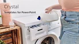  Presentation with laundry room - Slides consisting of young-redhead-woman-pouring-detegent background and a white colored foreground