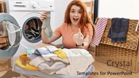  Presentation with hand washing - Presentation design with young-redhead-woman-putting-dirty background and a coral colored foreground