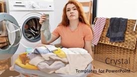  Presentation with simple - Slides having young-redhead-woman-putting-dirty background and a coral colored foreground