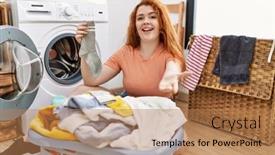  Presentation with hand washing - PPT theme with young-redhead-woman-putting-dirty background and a coral colored foreground