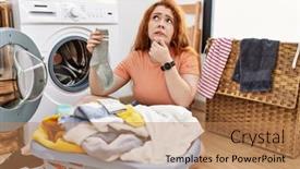  Presentation with hand washing - Slide deck consisting of young-redhead-woman-putting-dirty background and a  colored foreground