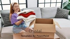  Presentation with confident - Slides enhanced with young-redhead-woman-smiling-confident background and a coral colored foreground