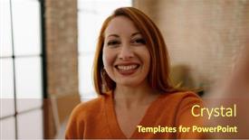  Presentation with new home - Slide deck enhanced with young-redhead-woman-smiling-confident background and a tawny brown colored foreground