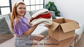  Presentation with confident - Slide deck consisting of young-redhead-woman-smiling-confident background and a coral colored foreground