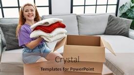  Presentation with confident - Presentation design consisting of young-redhead-woman-smiling-confident background and a coral colored foreground