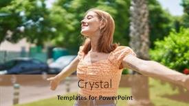  Presentation with breathing - Presentation design featuring young-redhead-woman-smiling-confident background and a coral colored foreground