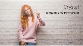  Presentation with brick wall - Amazing slide deck having young redhead woman standing over brick wall smiling looking to the camera showing fingers doing victory sign number two backdrop and a lemonade colored foreground