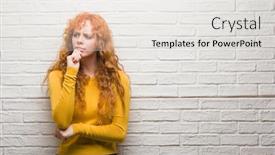  Presentation with questions question marks idea - Colorful slide deck enhanced with young redhead woman standing over brick wall serious face thinking about question very confused idea backdrop and a lemonade colored foreground