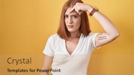  Presentation with acne woman - PPT theme having young-redhead-woman-standing-over background and a coral colored foreground