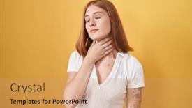  Presentation with sore throat - Slide set enhanced with young-redhead-woman-standing-over background and a coral colored foreground