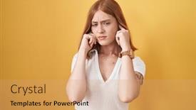  Presentation with yellow music - Theme having young-redhead-woman-standing-over background and a coral colored foreground