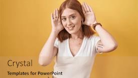  Presentation with deaf - Slide deck enhanced with young-redhead-woman-standing-over background and a coral colored foreground