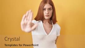  Presentation with sing - Slides having young-redhead-woman-standing-over background and a coral colored foreground