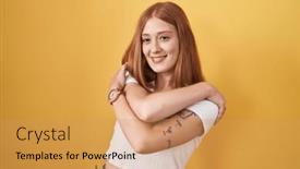  Presentation with confident love - PPT theme featuring young-redhead-woman-standing-over background and a coral colored foreground