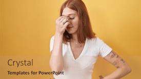  Presentation with stress - Slide deck featuring young-redhead-woman-standing-over background and a coral colored foreground