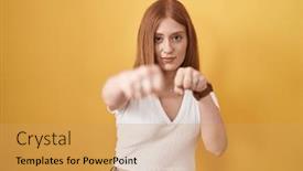  Presentation with violence - Slide set with young-redhead-woman-standing-over background and a yellow colored foreground