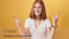  Presentation with rock music - PPT theme having young-redhead-woman-standing-over background and a coral colored foreground