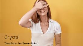  Presentation with blind - Slides consisting of young-redhead-woman-standing-over background and a  colored foreground