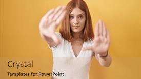  Presentation with frame - Slide deck enhanced with young-redhead-woman-standing-over background and a coral colored foreground