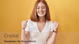  Presentation with winner - Slides with young-redhead-woman-standing-over background and a  colored foreground