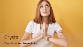  Presentation with woman praying over bible - Presentation theme consisting of young-redhead-woman-standing-over and a coral colored foreground