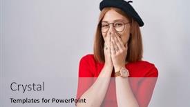  Presentation with scandal - PPT theme enhanced with young-redhead-woman-standing-wearing background and a light gray colored foreground