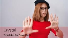  Presentation with panic - Presentation theme with young-redhead-woman-standing-wearing background and a crimson colored foreground