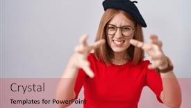  Presentation with yelling - PPT layouts enhanced with young-redhead-woman-standing-wearing background and a crimson colored foreground